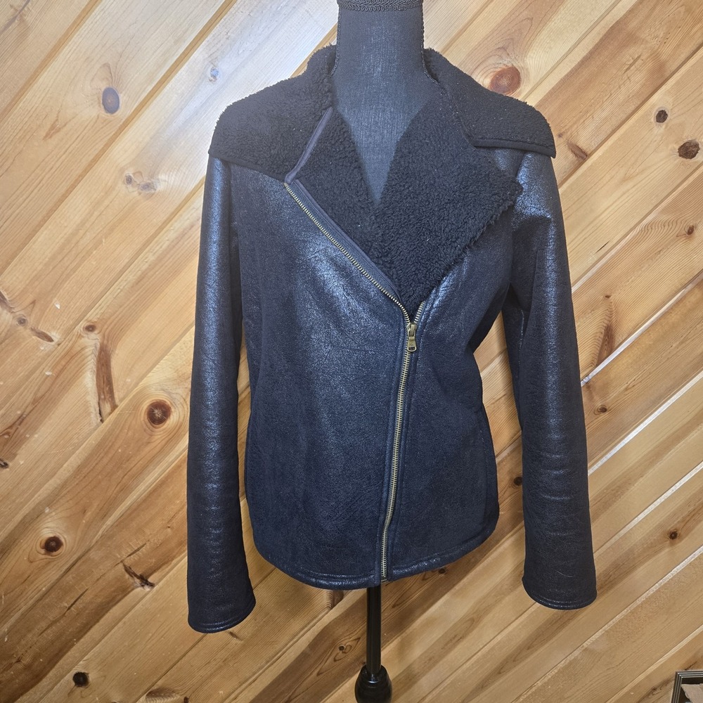 Ralph Lauren Black Moto Faux Shearling Lined Asymmetrical Zip Jacket sz L